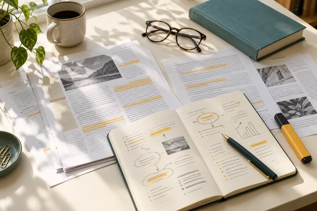 Sunlit study desk with highlighted article pages, a diagram-filled notebook, pen, highlighter, reading glasses and a teal book.