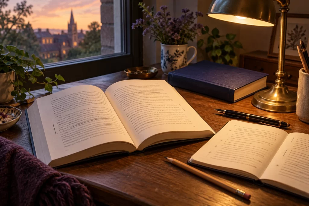 Open literature book, annotated notebook, pencil and fountain pen on a desk lit by a brass lamp beside a sunset window.