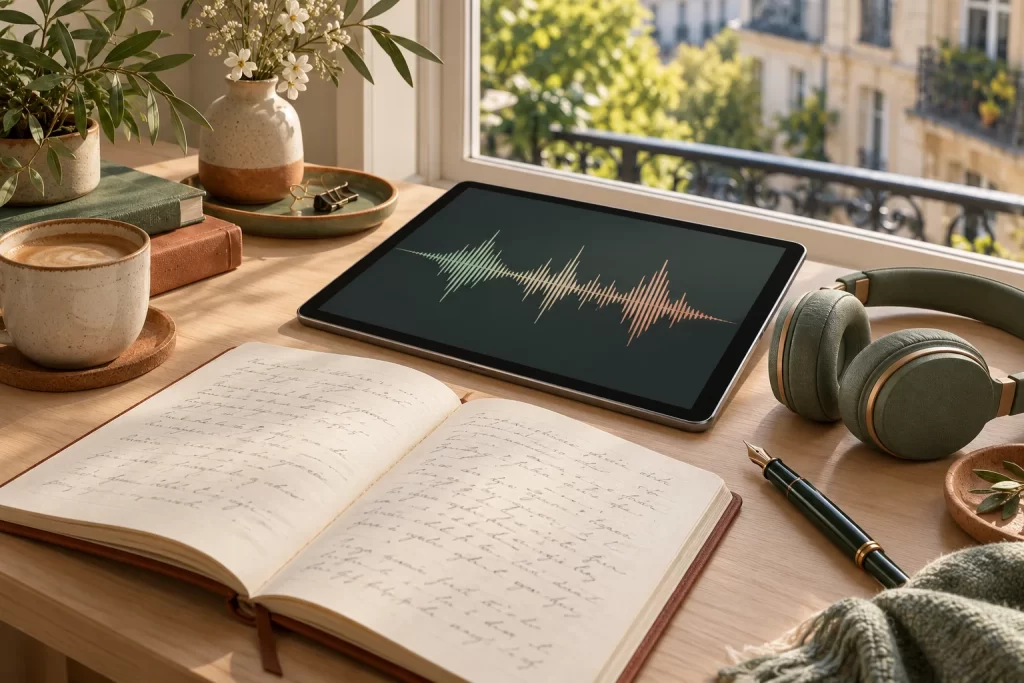 Tablet with an audio waveform, headphones, an open notebook and fountain pen on a sunlit desk by a leafy street.