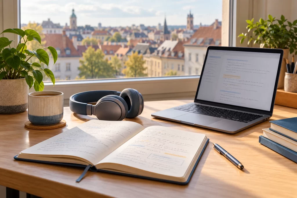 Open notebook, headphones and laptop on a sunlit desk overlooking European city rooftops.