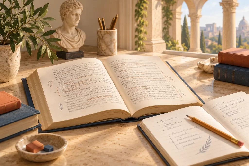 Open annotated Latin study book with a notebook and pencil in a sunlit workspace framed by Roman-style arches.