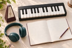 Compact piano keyboard, teal headphones, metronome and pencil beside an open notebook with blank music staves.