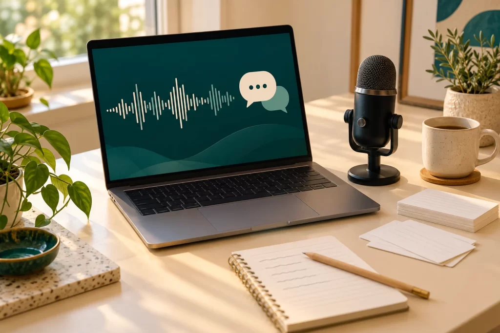 Laptop with an audio waveform and conversation graphic beside a desktop microphone, cue cards, notes, and pencil.