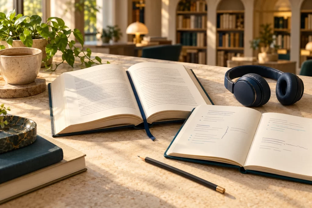 Open literature book, annotated notebook, pencil and navy headphones on a sunlit library desk.