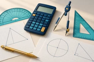 Calculator, compass, protractor and set square beside geometry practice sheets