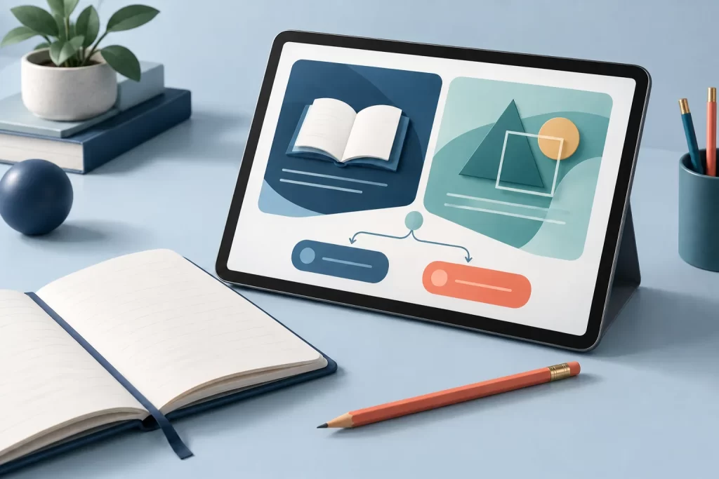 Tablet showing reading and math practice panels with branching paths beside an open notebook and pencil