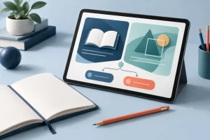 Tablet showing reading and math practice panels with branching paths beside an open notebook and pencil