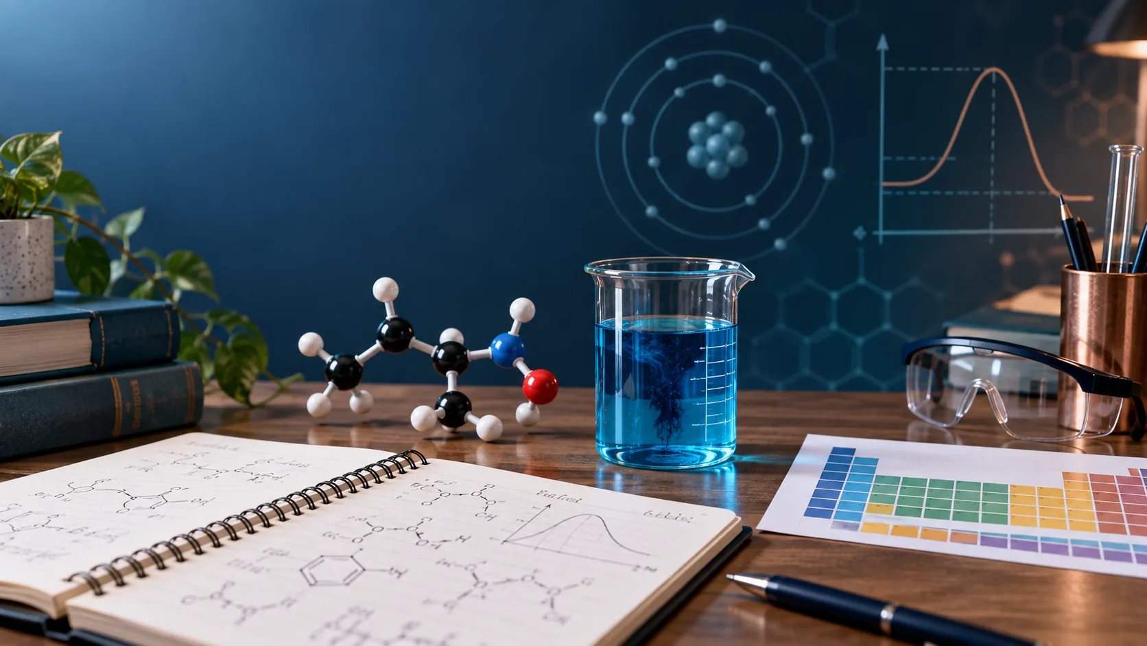 AP Chemistry study desk with molecular model, blue solution, notes, and periodic-table reference