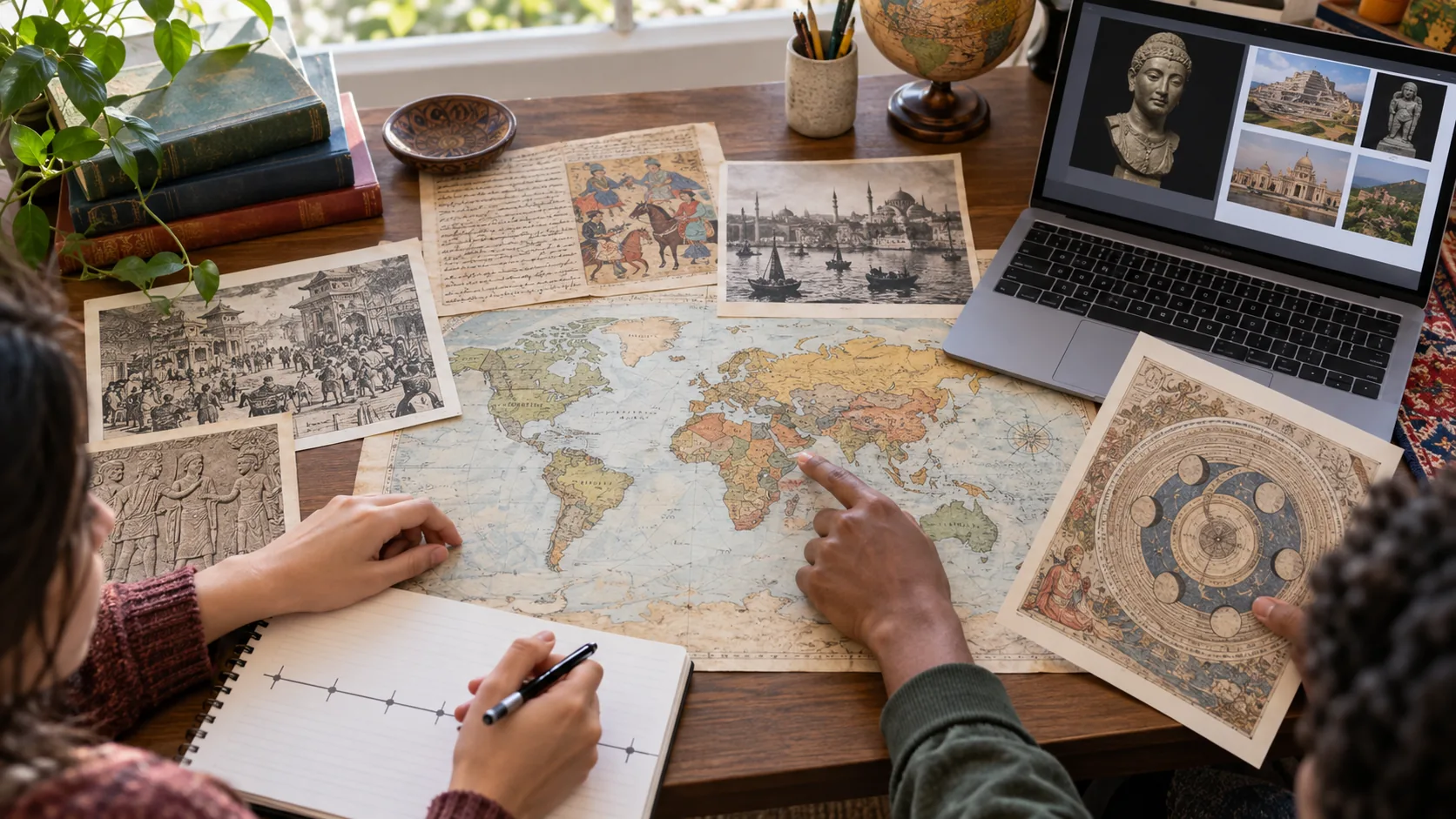 Students comparing a world map and historical sources while studying AP World History
