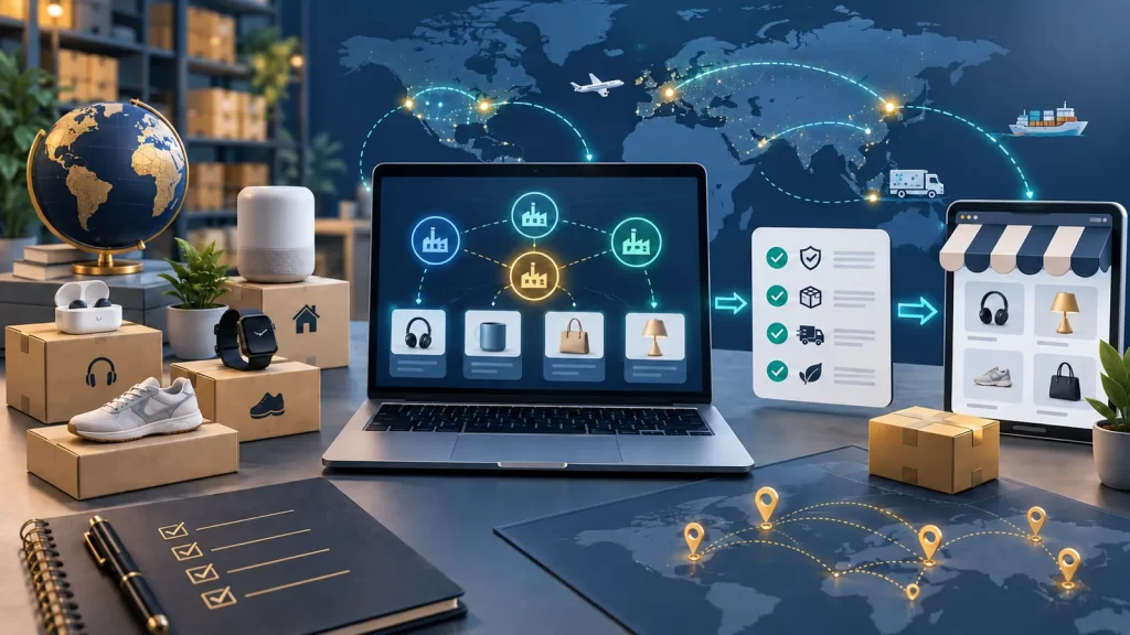 Dropshipping product-sourcing workflow with supplier network, delivery routes, and ecommerce catalog