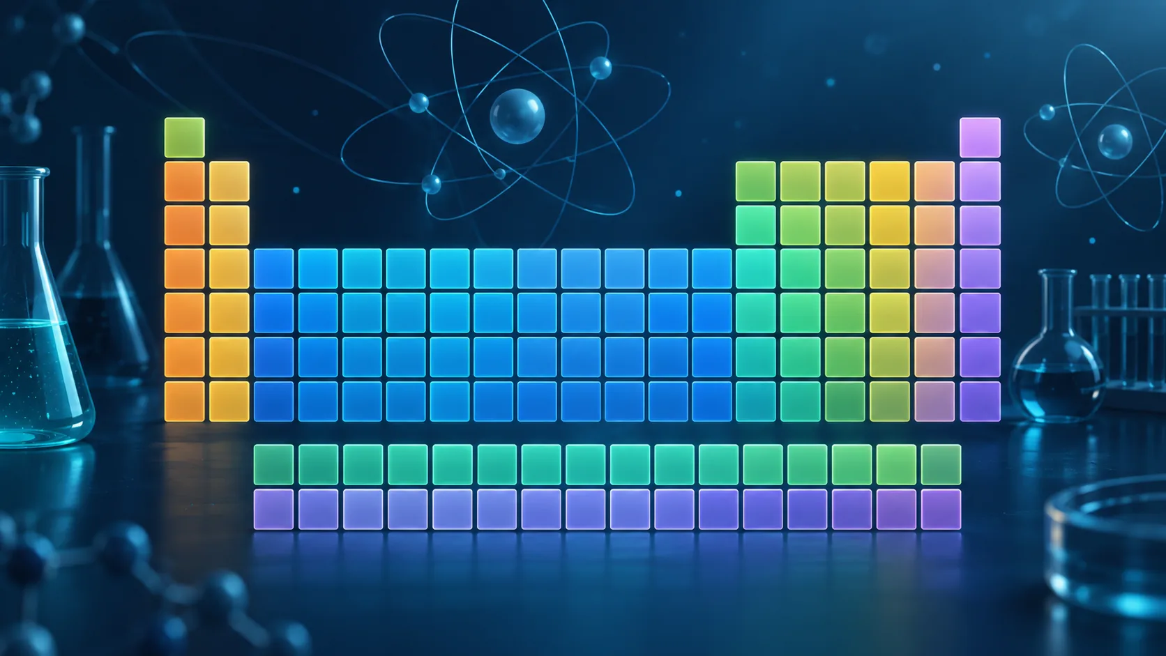 Color-coded periodic-table silhouette with blank element tiles and laboratory glassware