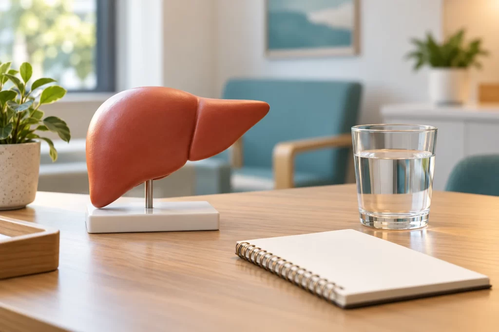 Simple liver-shaped model, blank notebook and glass of water on a softly lit consultation desk.